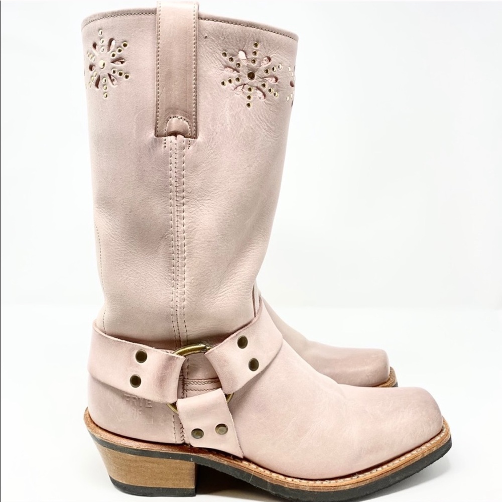 Frye. Pink floral cut out harness boots